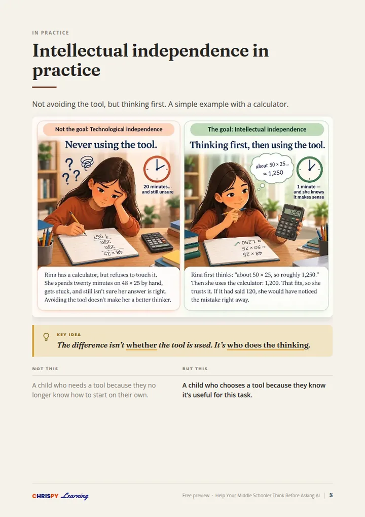 A page from the free preview: “Intellectual independence in practice”, with the illustration of Rina and the calculator