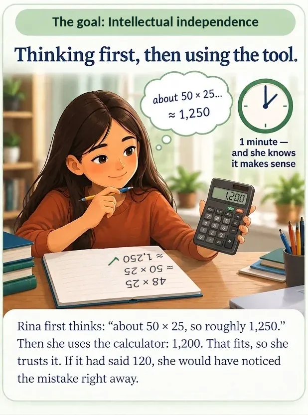 Illustration, right panel: “The goal: Intellectual independence. Thinking first, then using the tool.” Rina smiles as she thinks “about 50 × 25 ≈ 1,250”, then holds up a calculator showing 1,200. A clock reads “1 minute, and she knows it makes sense”. Caption: Rina first thinks: about 50 × 25, so roughly 1,250. Then she uses the calculator: 1,200. That fits, so she trusts it. If it had said 120, she would have noticed the mistake right away.