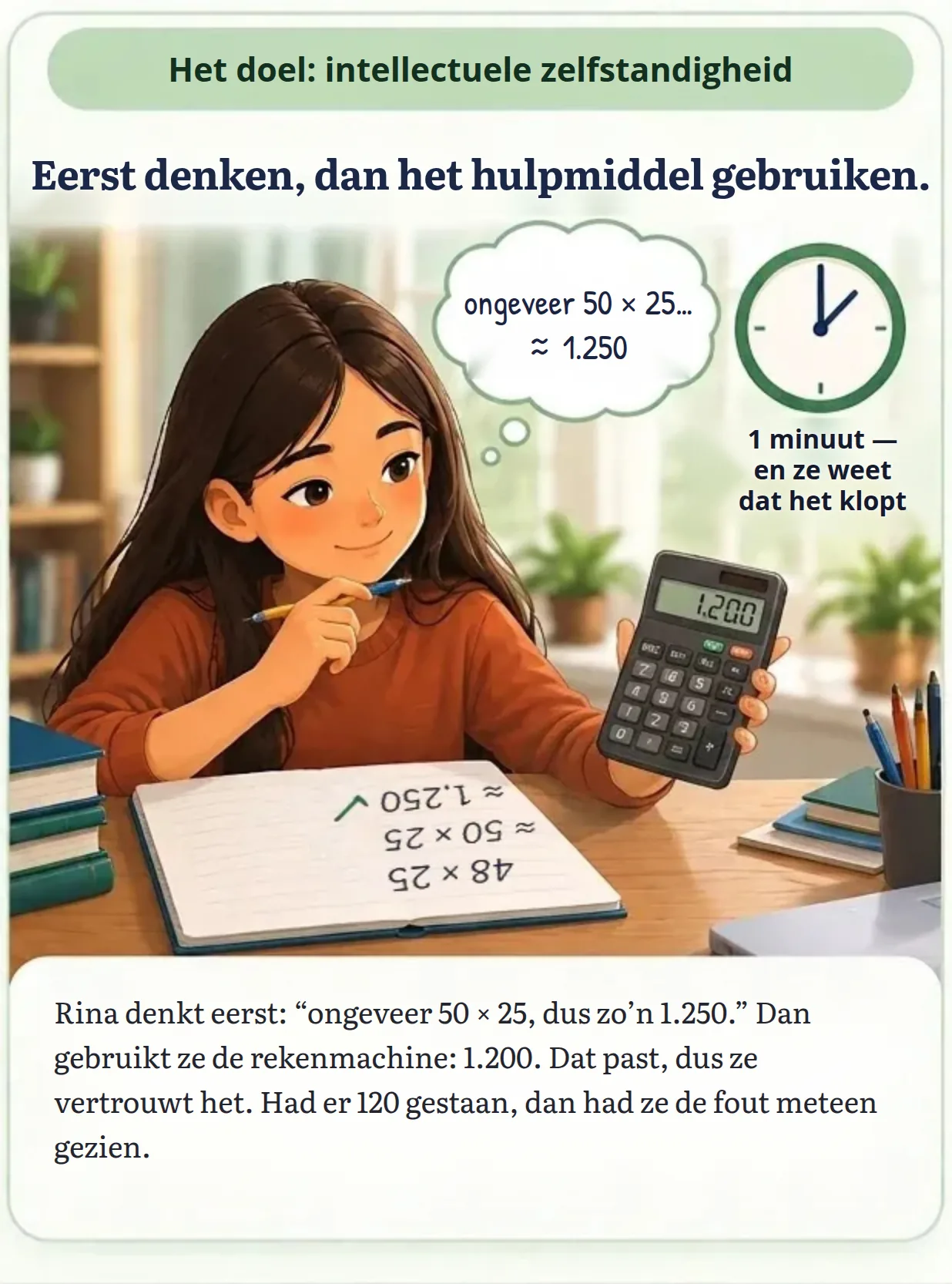 Illustratie, rechterhelft: “Het doel: intellectuele zelfstandigheid. Eerst denken, dan het hulpmiddel gebruiken.” Rina glimlacht terwijl ze denkt “ongeveer 50 × 25… ≈ 1.250” en houdt daarna een rekenmachine omhoog die 1.200 toont. Een klok toont “1 minuut — en ze weet dat het klopt”. Onderschrift: Rina denkt eerst: “ongeveer 50 × 25, dus zo’n 1.250.” Dan gebruikt ze de rekenmachine: 1.200. Dat past, dus ze vertrouwt het. Had er 120 gestaan, dan had ze de fout meteen gezien.