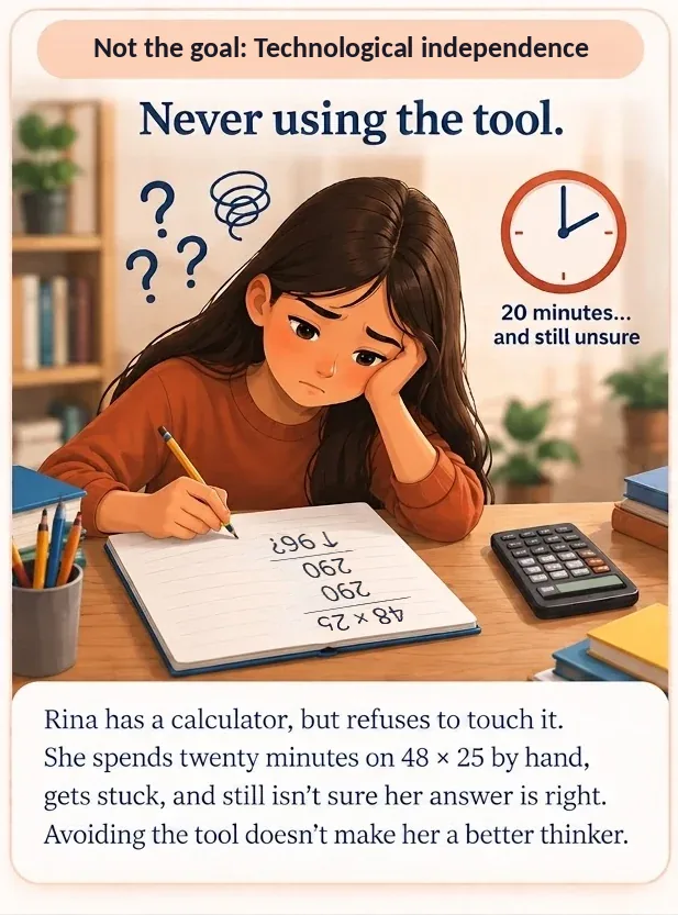 Illustration, left panel: “Not the goal: Technological independence. Never using the tool.” Rina sits at her desk looking frustrated, with a calculator beside her that she refuses to touch. Her notebook shows a messy attempt at 48 × 25, and a clock reads “20 minutes… and still unsure”. Caption: Rina has a calculator, but refuses to touch it. She spends twenty minutes on 48 × 25 by hand, gets stuck, and still isn’t sure her answer is right. Avoiding the tool doesn’t make her a better thinker.