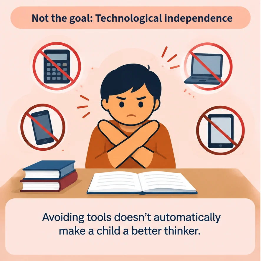 Illustration with the label “Not the goal: Technological independence”. A boy sits at his desk with his arms crossed, surrounded by crossed-out tools: a calculator, a laptop, a phone and a tablet. Caption: Avoiding tools doesn’t automatically make a child a better thinker.