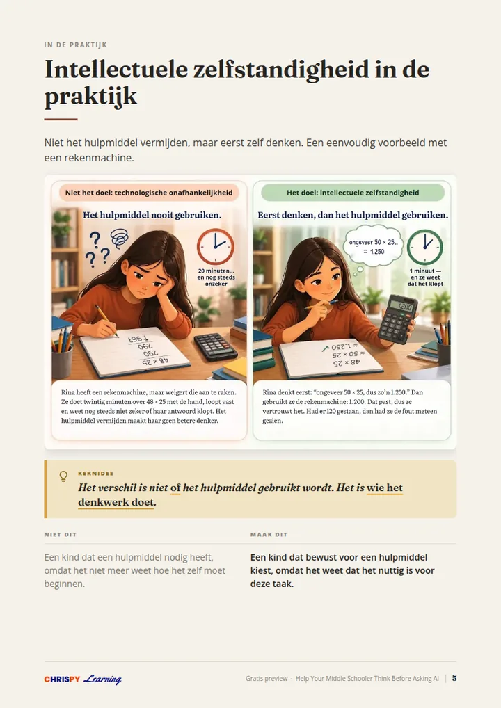 Een pagina uit de gratis preview: “Intellectuele zelfstandigheid in de praktijk”, met de illustratie van Rina en de rekenmachine